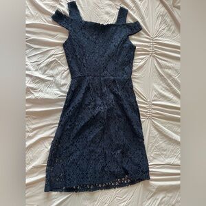Off the Shoulder Lace Dress - Navy Blue